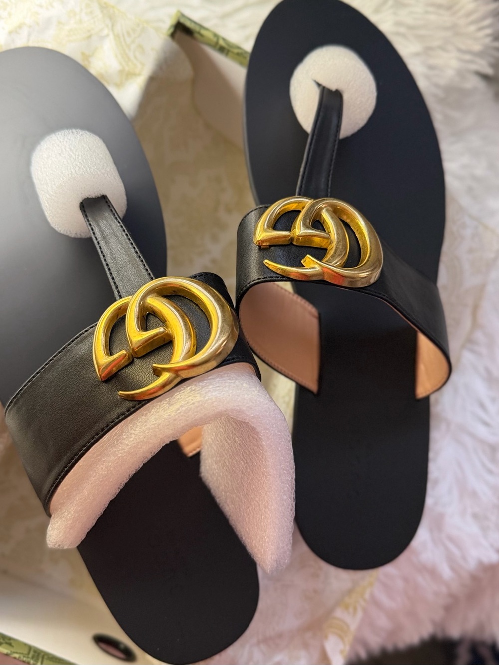 Black Slip-On Thong Sandals with Gold Double Ring Accent